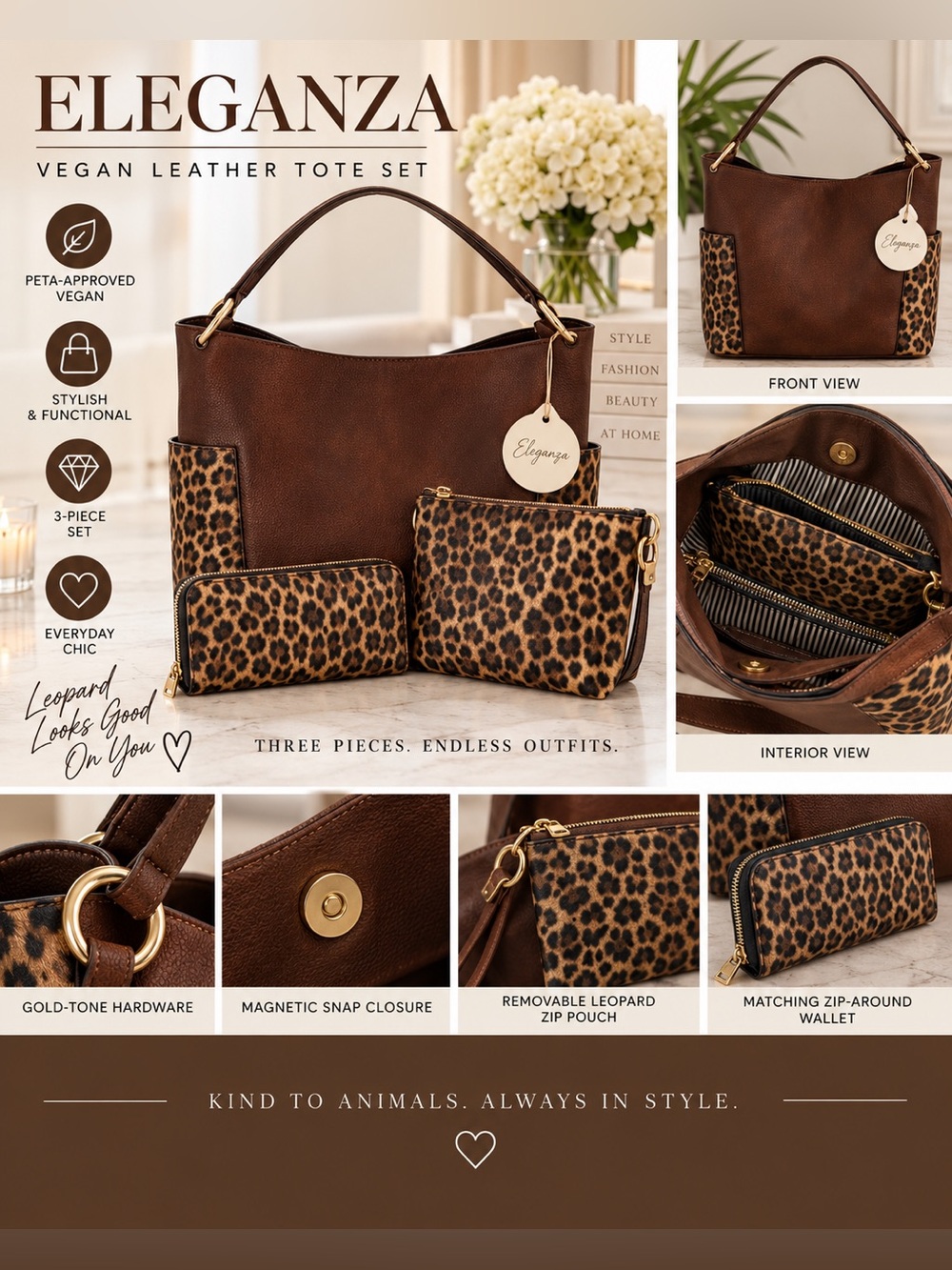 Eleganza PETA-Approved Vegan Leopard Tote 3-Piece Set NWT